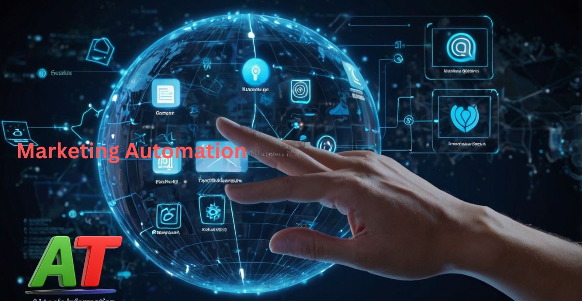 Futuristic interface showing marketing automation on a digital globe with icons and a hand touching the screen.