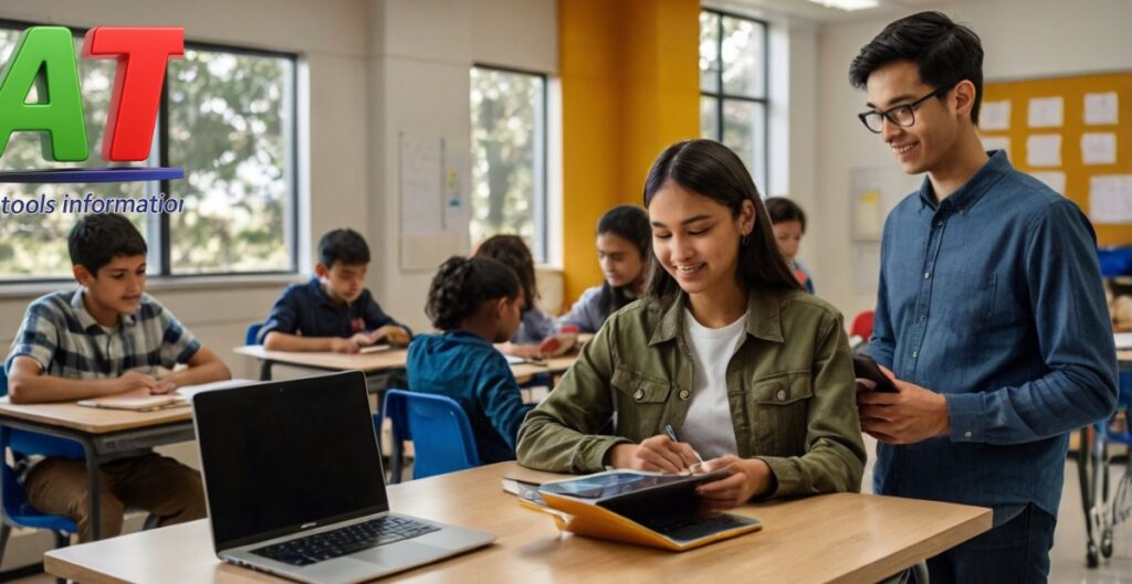 Students in a classroom using AI tools like Khanmigo for learning and ScribeSense for grading.