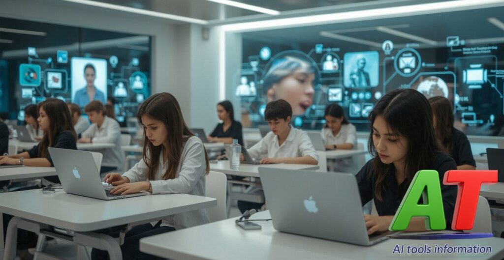 AI in education - Students using AI-powered devices for learning in a modern classroom.