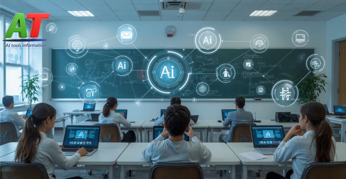 AI in education - Students using AI-powered devices for learning in a modern classroom.