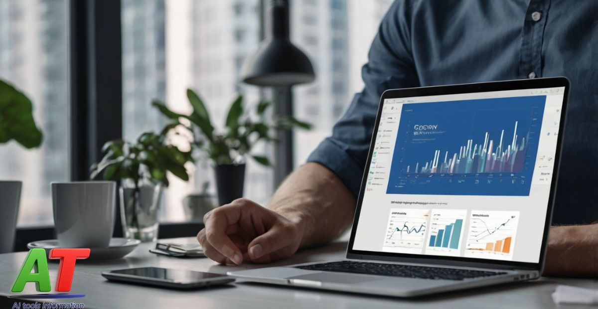 Businessperson using a laptop with “Grow Business” on screen surrounded by AI icons and digital growth tools in a modern office.