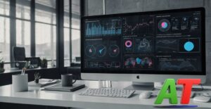 "AI tools for keyword research displayed on a digital screen with graphs and metrics, symbolizing the future of SEO in 2025