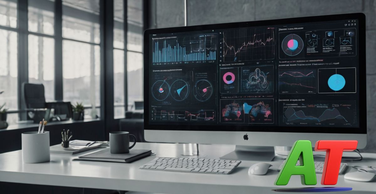 "AI tools for keyword research displayed on a digital screen with graphs and metrics, symbolizing the future of SEO in 2025