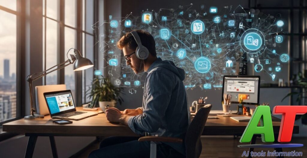 "Clear image of a person using AI tools for content creation like writing, video editing, and design on a laptop"