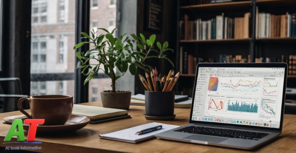Laptop showing AI research tools with academic books and notes on a desk, representing free AI tools for research in 2025.