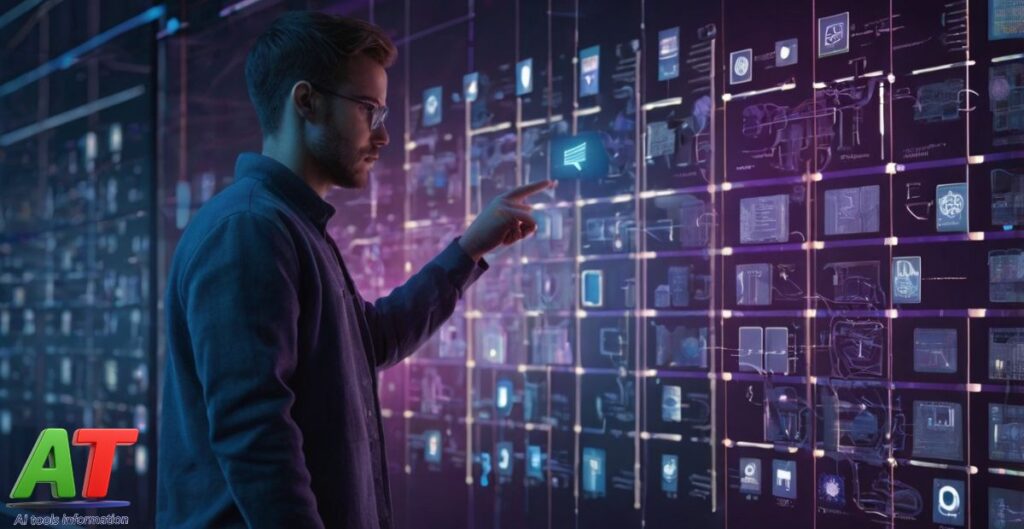User choosing from top free AI tools for 2025 on a futuristic digital screen with icons of writing, design, and automation tools"