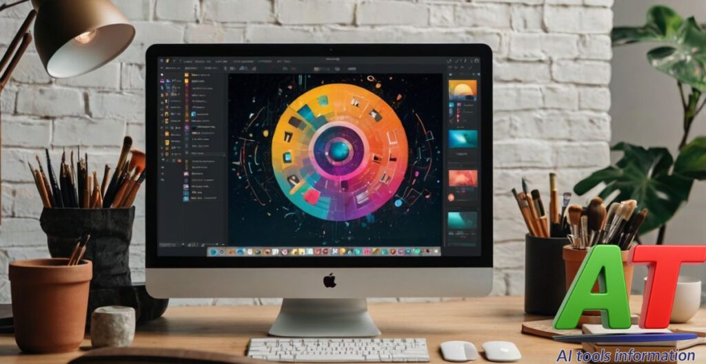 Icons and screenshots of free AI graphic design and image generation tools like Canva, Adobe Firefly, and Leonardo AI on a digital workspace.