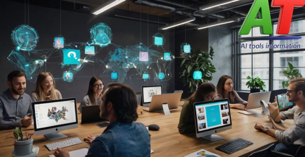 American workers and students using free AI tools in offices, homes, and classrooms with digital USA map overlay"