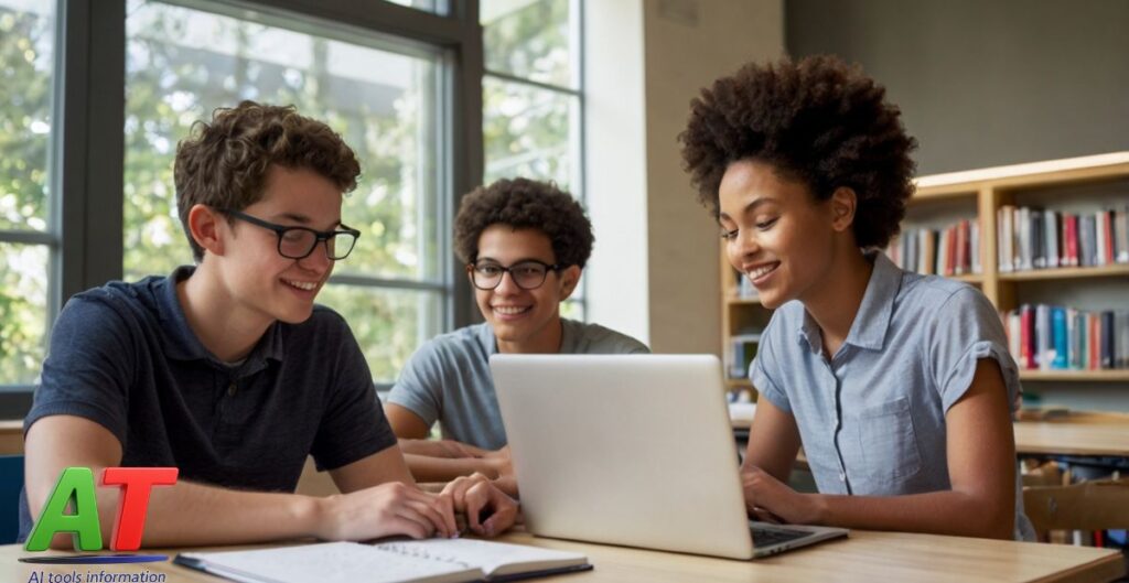 College students using free AI tools on laptops for summarizing research, writing papers, and generating citations in a campus setting.