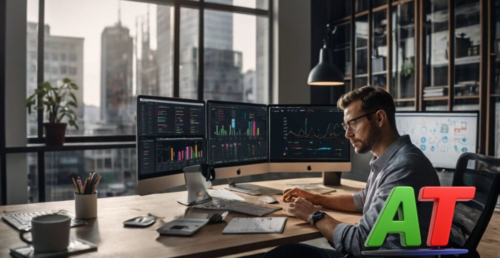SEO professional using AI tools with analytics dashboards on screen in a modern office setting.”