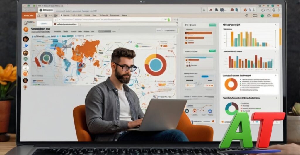 “Digital marketer using SEMrush’s AI-powered Keyword Magic Tool on a computer, with keyword data and suggestions displayed.”