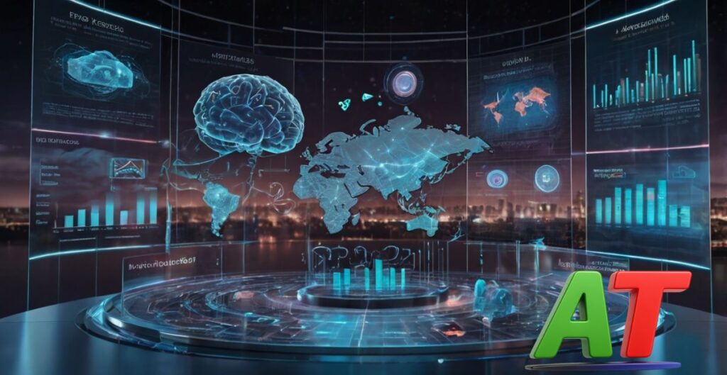 “3D illustration of AI analyzing keyword trends using holographic data interfaces in a futuristic digital environment.”