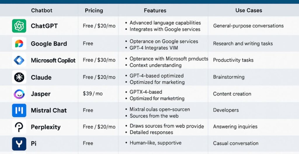 Comparison of top 10 AI chatbots in 2025 with features and pricing.
