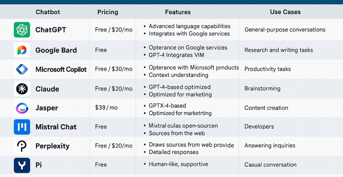 Comparison of top 10 AI chatbots in 2025 with features and pricing.
