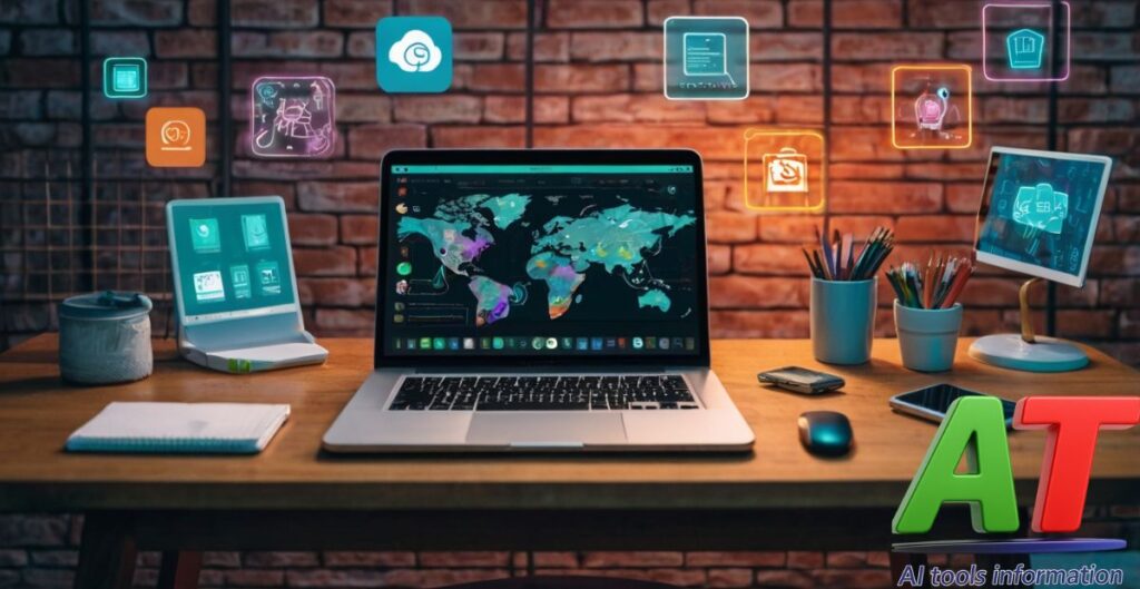 A laptop surrounded by icons of popular free AI tools like ChatGPT, Canva, and Notion AI, representing the top 10 free AI tools in 2025.