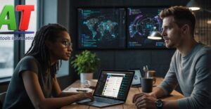 Top AI tools in 2025 being used by professionals in a futuristic tech workspace environment