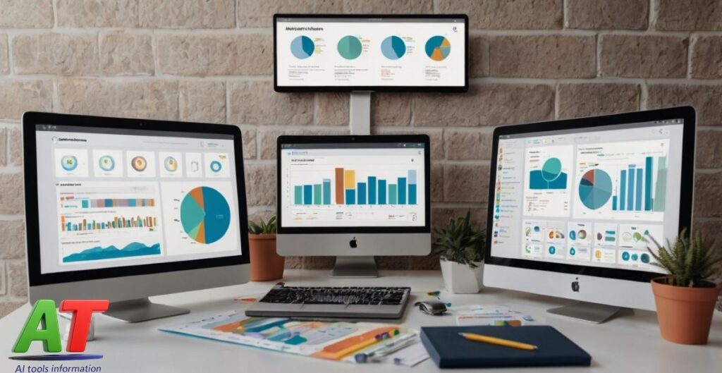 Clear illustration showing different AI tools for business including CRM, chatbots, analytics, and marketing automation dashboards.