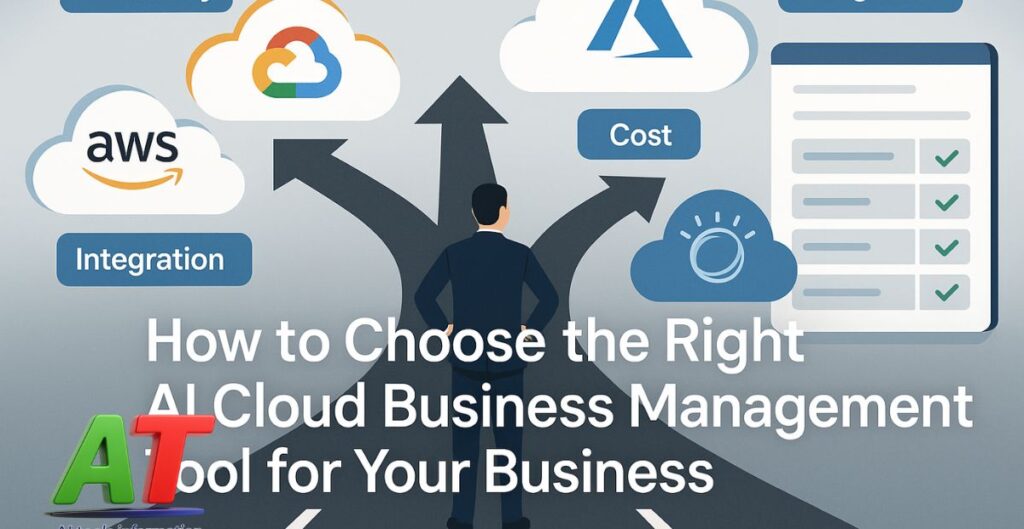 Choosing the right AI cloud business management tool showing digital dashboard comparison, platform icons, and business decision-making visuals"