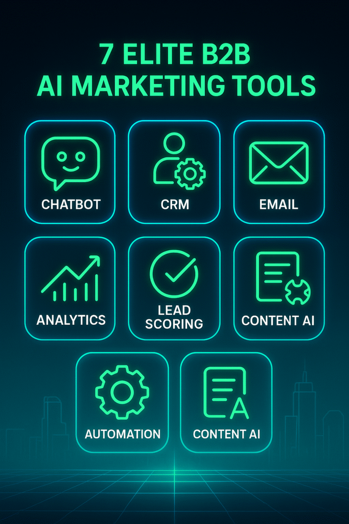 "Infographic showing 7 elite B2B AI marketing tools with icons for automation, CRM, chatbots, and analytics"