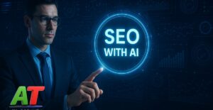 Man pressing a virtual SEO with AI button, symbolizing how AI SEO tools scale agile solutions in 2025