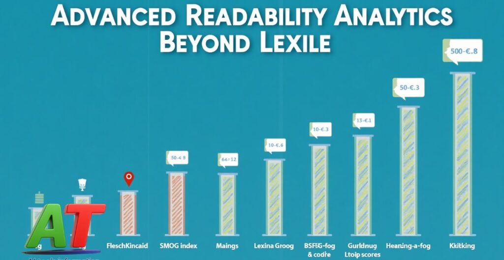 Infographic displaying various readability metrics about AI Tools That Change Lexile Levels Instantly —including Lexile, Flesch‑Kincaid, SMOG, and Gunning‑Fog—with charts and labels, overlaid with the heading Advanced Readability Analytics (Beyond Lexile).
