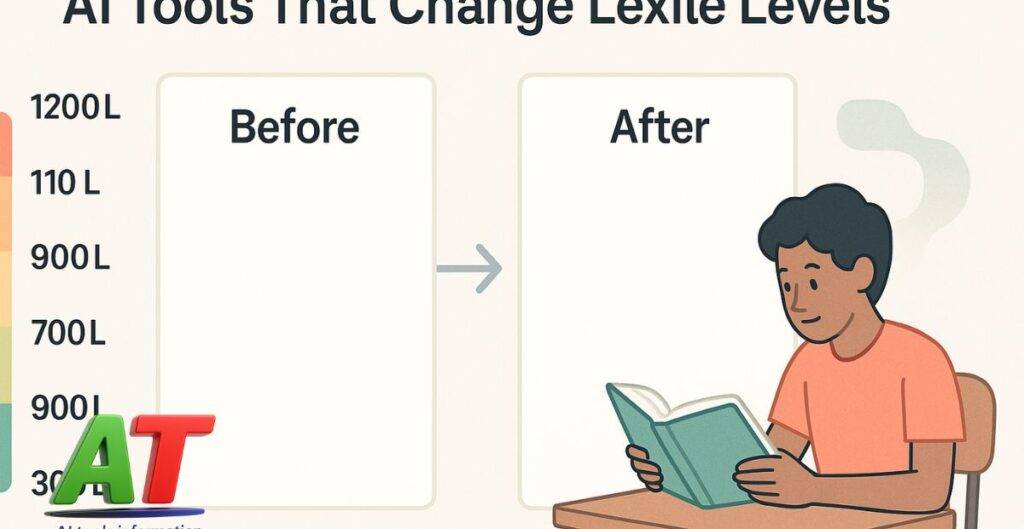Graphic showing before and after text boxes labeled "Before" and "After," with a clear arrow and overlayed title "AI Tools That Change Lexile Levels." The image visually represents how AI transforms complex text into simpler reading levels.
