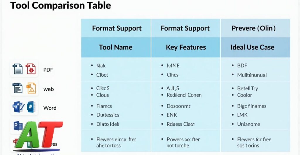 “A comparison table of ai tools that change lexile levels infographic titled Tool Comparison Table, showing seven AI text-leveling tools with icons for format types, key features, and ideal classroom use.”