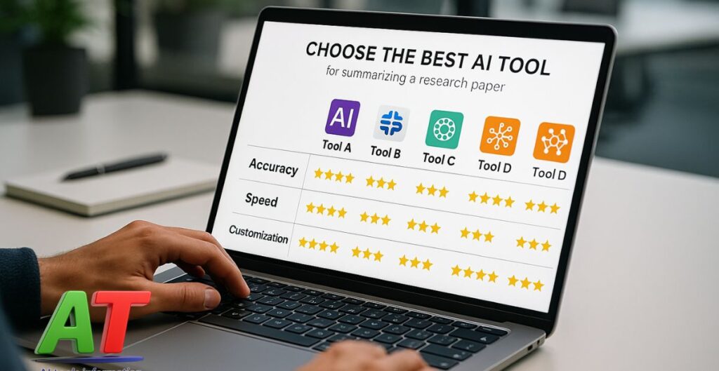 "Choosing the best AI tool for summarizing research papers, with comparisons of various features like accuracy, speed, and customization."
