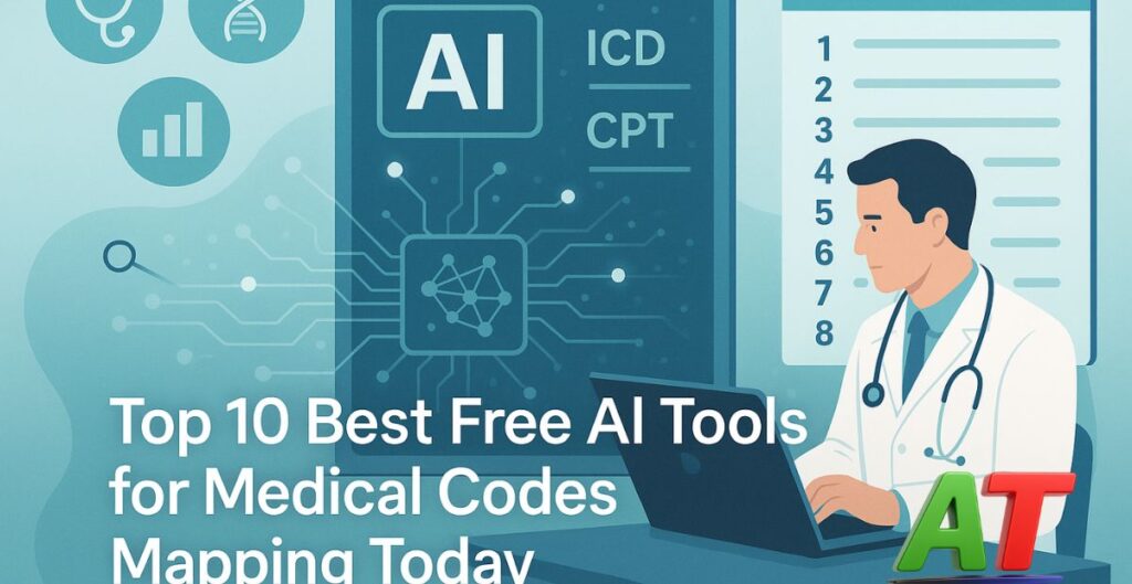 "Top free AI tools for medical codes mapping with digital interface analyzing ICD codes, healthcare data visuals, and AI-assisted classification"