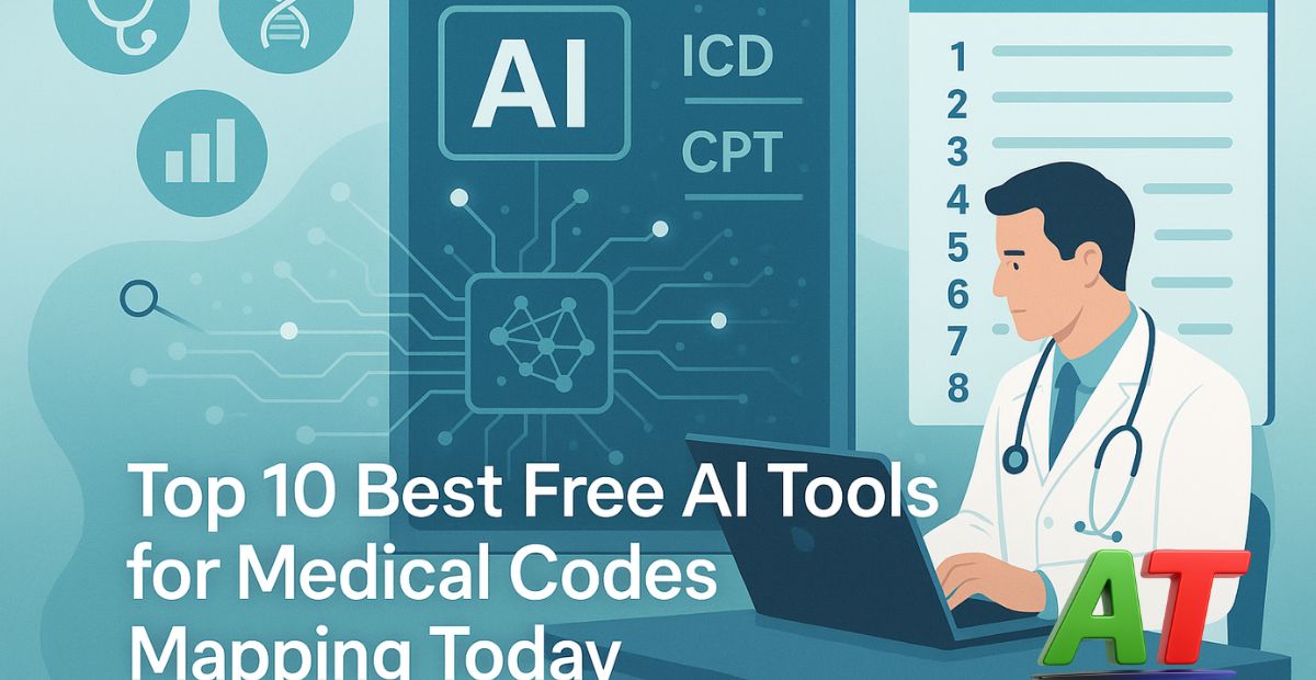 "Top free AI tools for medical codes mapping with digital interface analyzing ICD codes, healthcare data visuals, and AI-assisted classification"