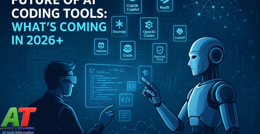 Futuristic scene showing a robot and developer analyzing upcoming AI coding tools and trends for 2026 and beyond.