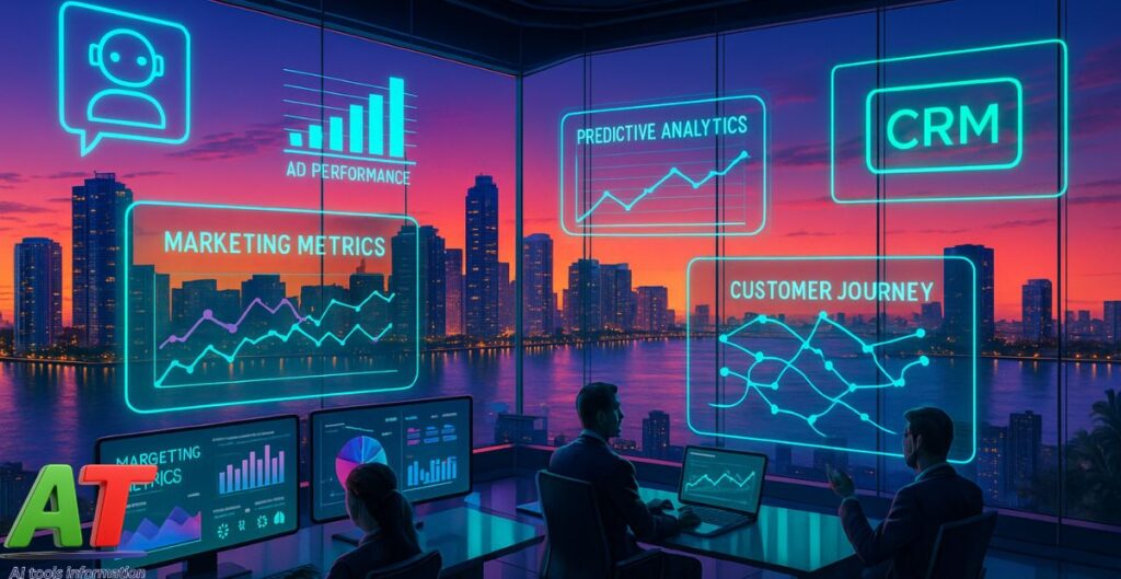 Futuristic marketing command center overlooking the Miami skyline at sunset with holographic analytics, CRM, and AI tools on display.