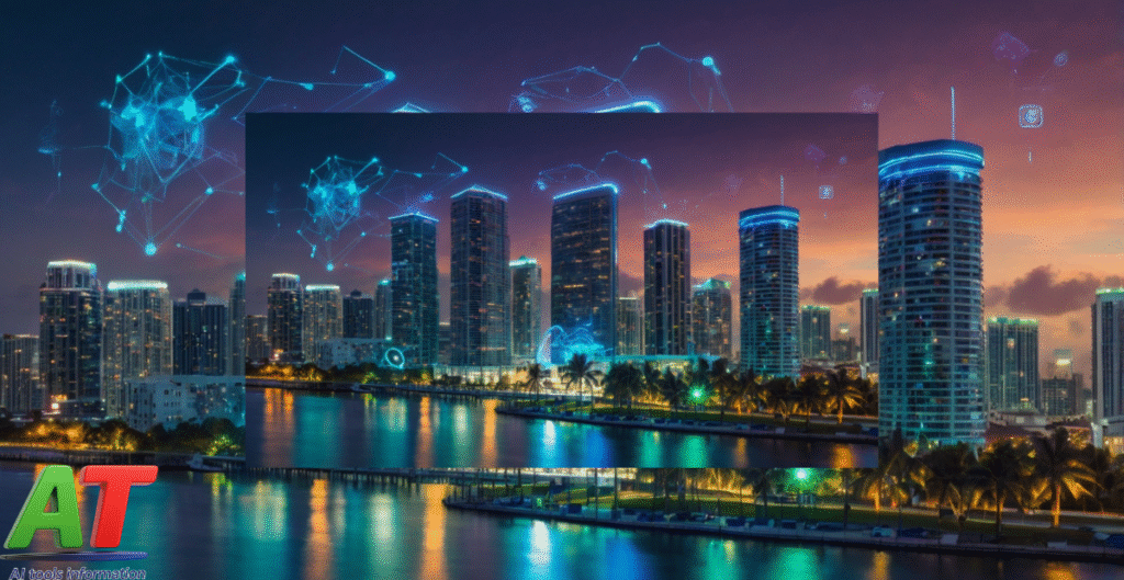 AI transforming the B2B marketing sector in Miami with futuristic dashboards and data interfaces"