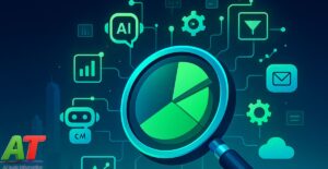 "Digital concept showing AI marketing tools for Miami B2B businesses with icons and analytics"