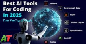 Futuristic robot pointing at digital globe with text "Top 10 AI Tools for Coding in 2025" and AI coding tool logos.