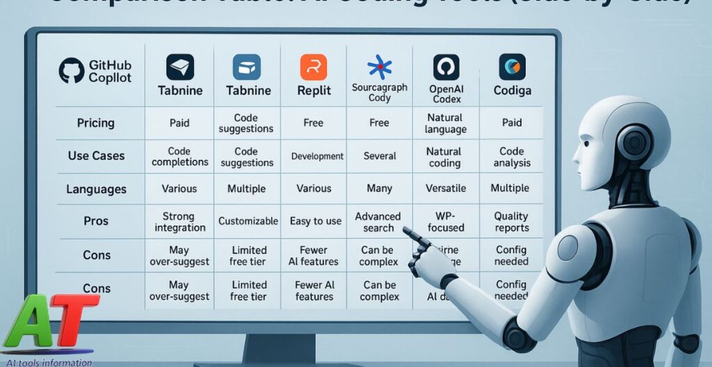 Side-by-side comparison table of top AI coding tools showing features, pricing, and use cases in a clean tech-themed layout.
