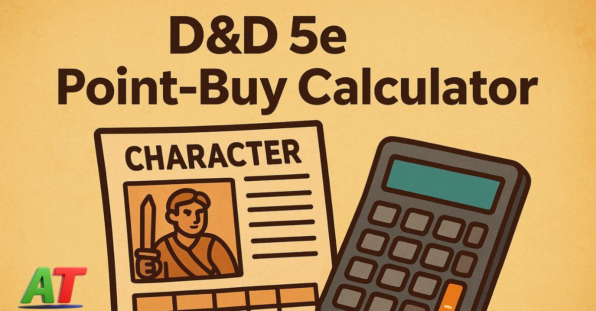 D&D 5e Point Buy Calculator illustration with character sheet and calculator on parchment background"