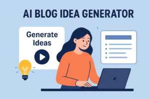 "Illustration of a woman using an AI Blog Generator tool on a laptop with lightbulb and document icons."