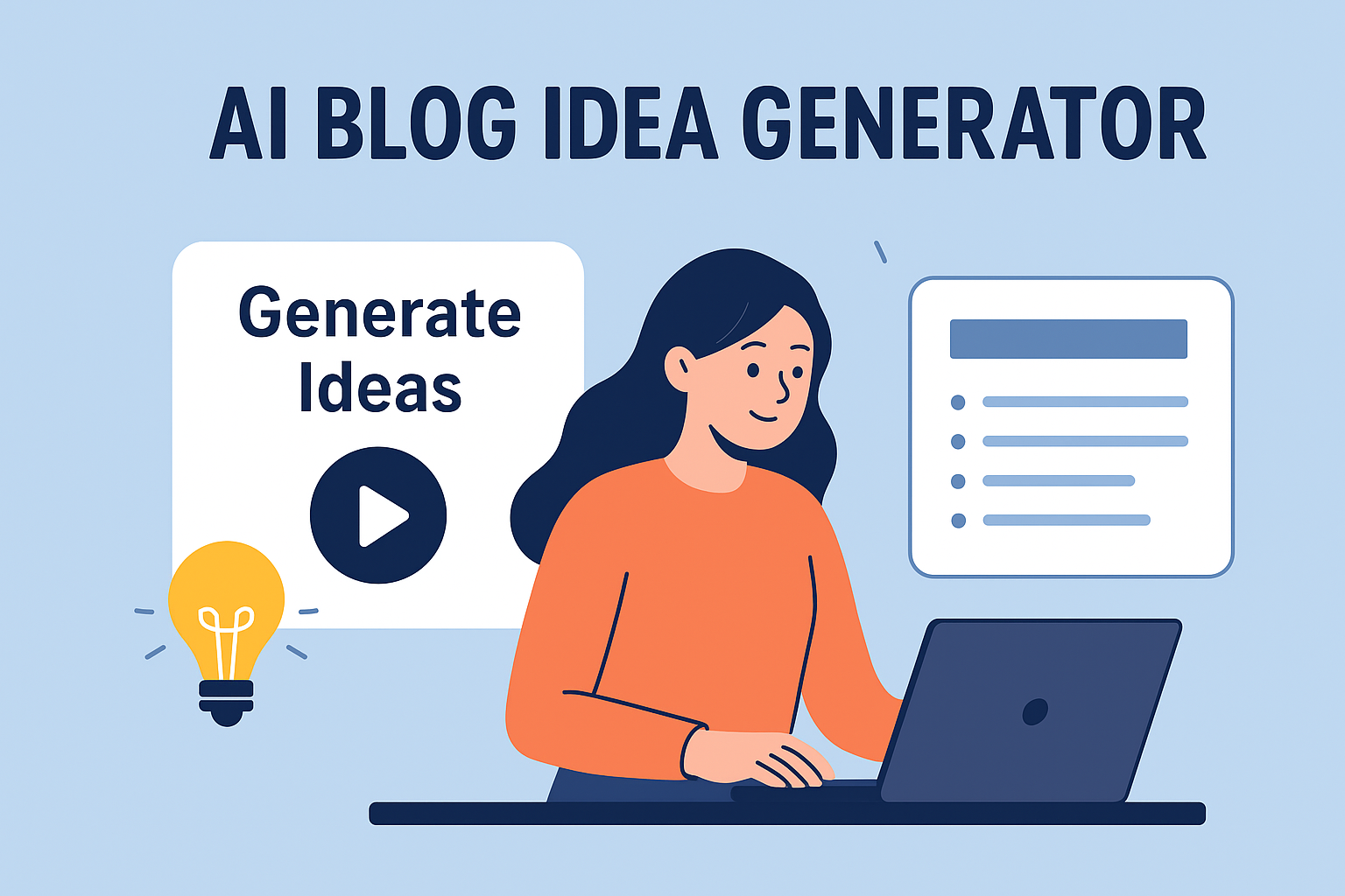 "Illustration of a woman using an AI Blog Generator tool on a laptop with lightbulb and document icons."