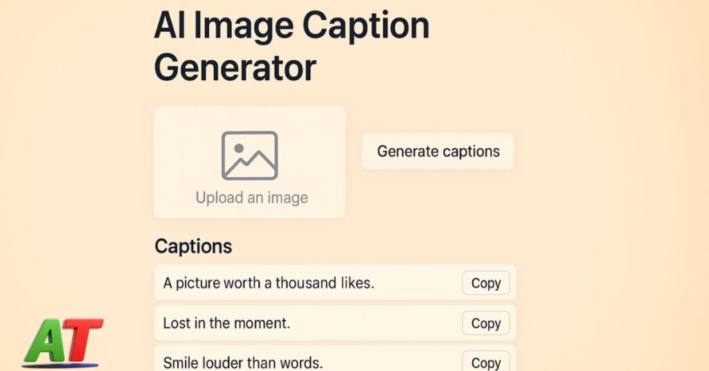 AI Image Caption Generator tool interface with upload button, generate captions option, and sample captions list.