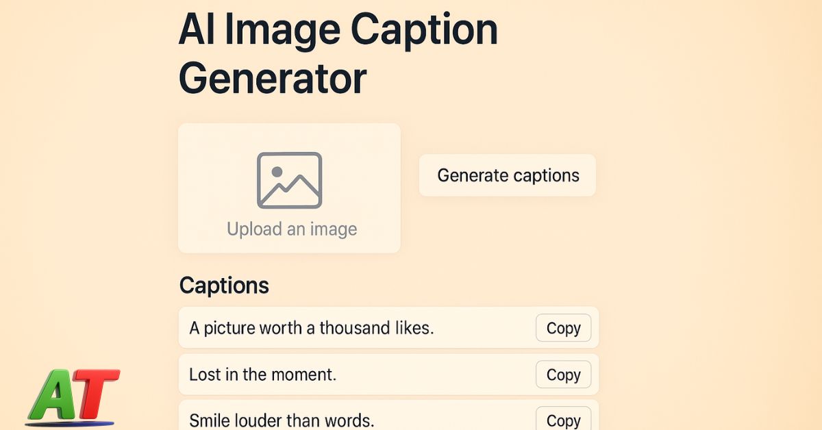 AI Image Caption Generator tool interface with upload button, generate captions option, and sample captions list.
