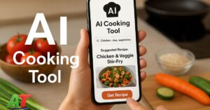 Person using an AI tool for cooking app on a smartphone to generate a recipe in a modern kitchen with fresh vegetables on the counter.