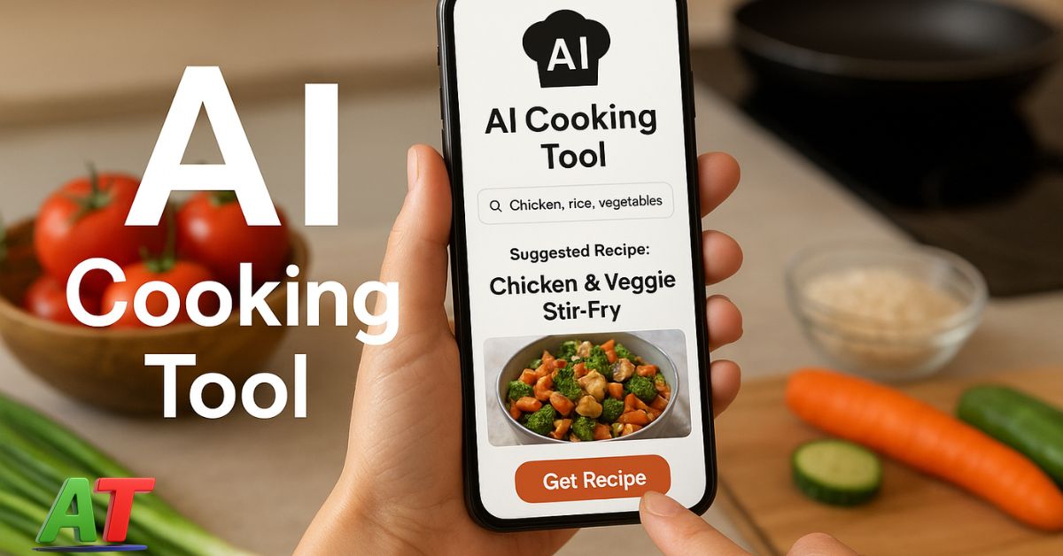 Person using an AI tool for cooking app on a smartphone to generate a recipe in a modern kitchen with fresh vegetables on the counter.