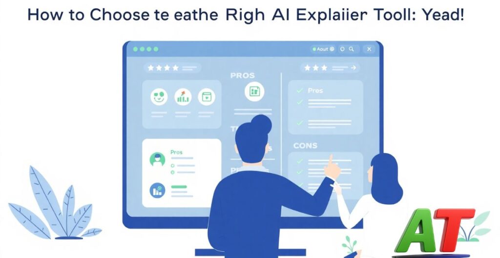 Person comparing AI explainer tools with feature checklists and ratings under the heading