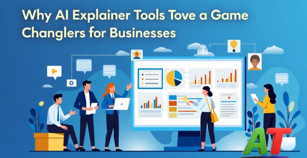Business team using AI explainer tool for presentations and communication, with headline text shown